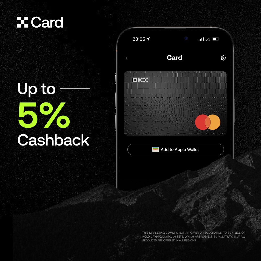 okx's tweet photo. Other European crypto cards are cutting cashback. Not us.
Get up to 5% back on every purchase. Zero transaction fees. Works anywhere Mastercard does.