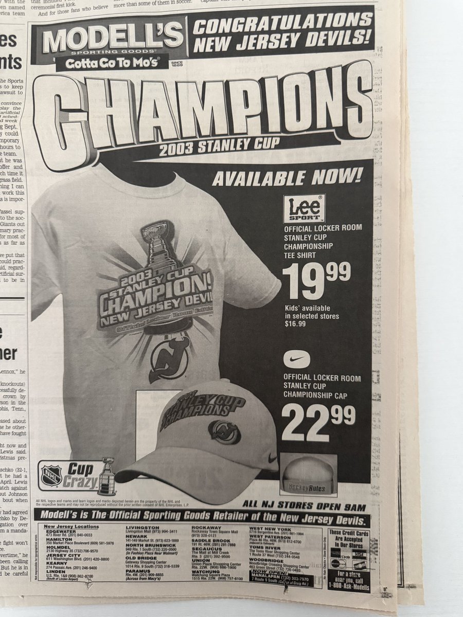 ACoronaNJD's tweet photo. New Jersey Devils fans flocked to their local Modell's to get their hands on the 2003 Stanley Cup Champions gear! #NJDevils https://t.co/zADEj4jfXW