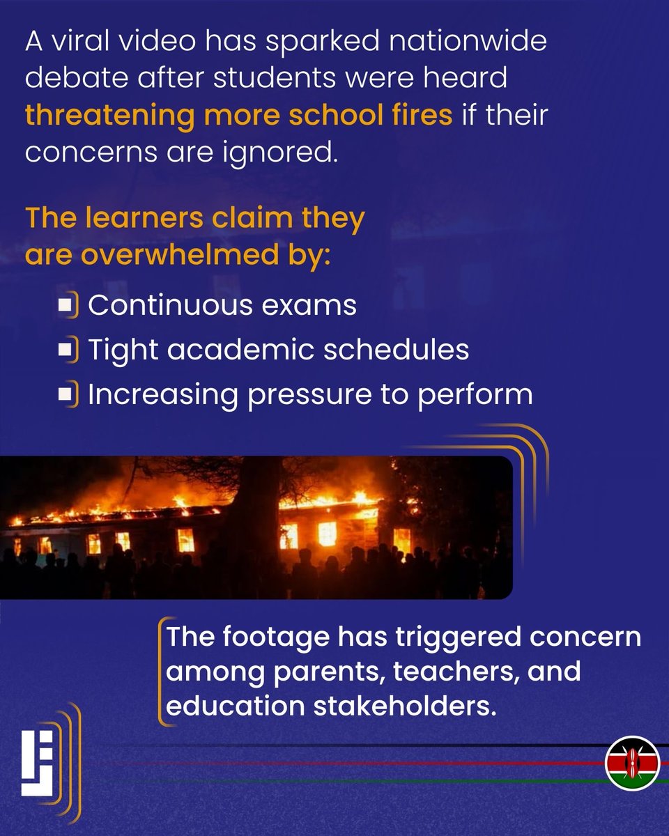 JamiiForums_KE's tweet photo. A viral video has sparked mixed reactions after students threatened more school fires unless their demands are met. The students cited exam pressure and called for a half-term break to reduce stress

Many Kenyans have condemned the threats, saying arson is not a solution. Education stakeholders have urged students to raise concerns through dialogue and proper school channels rather than violence or intimidation

More https://t.co/SMXmEWJqyu