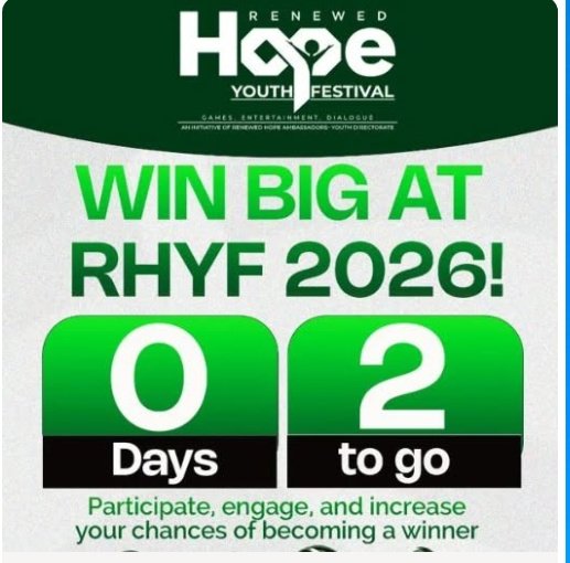 EmmaIsaJohn1's tweet photo. *2Days to Go!*

RENEWED HOPE YOUTH FESTIVAL 2026
The Renewed Hope Youth Festival is dedicated to promoting youth development, leadership, community engagement, sports, and talent discovery. Enjoy exciting activities including table tennis, chess, a food court, live music, https://t.co/BovuUW4rBR