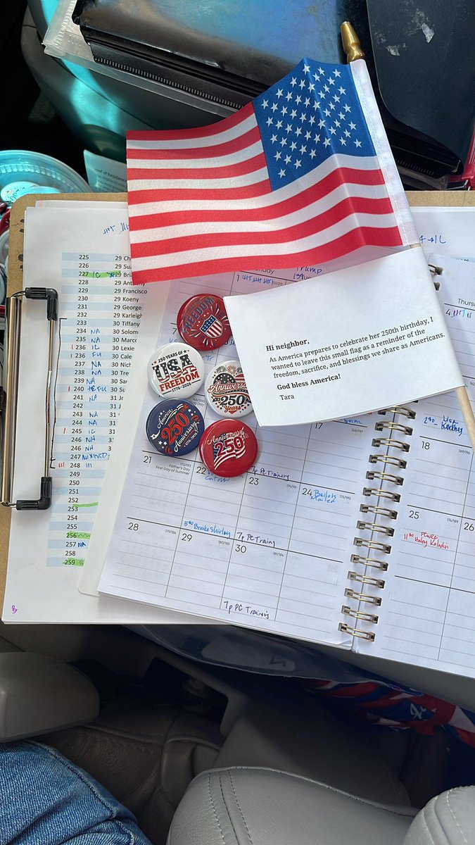 FreedomLoverAZ's tweet photo. Headed out for a day at work as a @TPAction Chase The Vote Rep. Postcards to leave at the door, small flags, large flags for the https://t.co/np3ORaPflc initiative, pins for kiddos, electrolyte icee made by hubby, water, voter reg forms, route planned, patriotic umbrella to keep the sun off. Praying for a successful day connecting with neighbors.