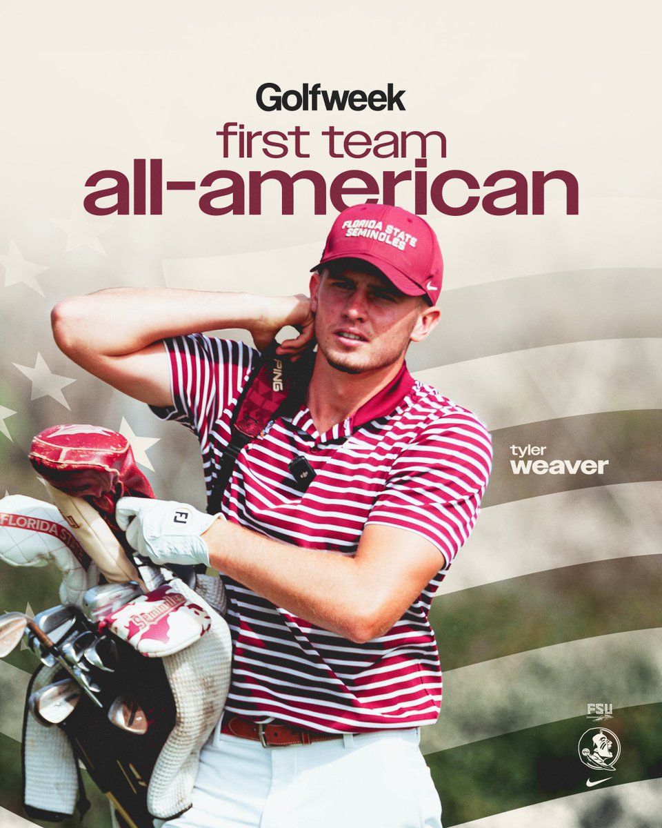 FSUGolf's tweet photo. 𝐀𝐥𝐥-𝐀𝐦𝐞𝐫𝐢𝐜𝐚𝐧

Tyler Weaver is a First Team All-American!

#NoleFamily | @golfweek https://t.co/8ezZGCxD7a