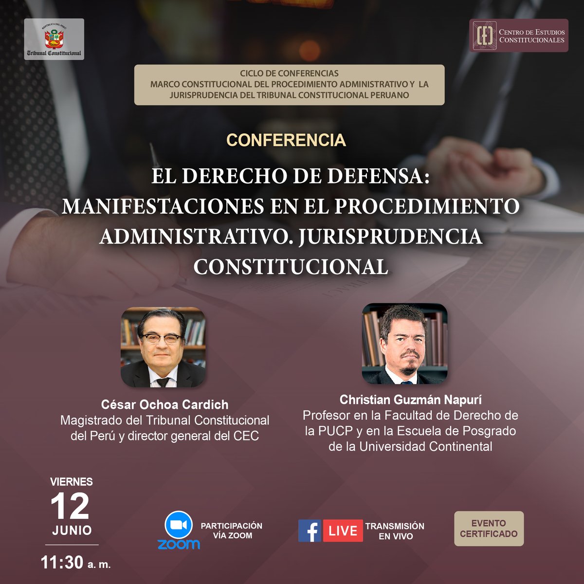CECtcPeru's tweet photo. ▶️ #Conferencia “El Derecho de Defensa: Manifestaciones en el Procedimiento Administrativo. Jurisprudencia Constitucional”
📅 Viernes 12 de junio
⏰ 11:30 a. m.
📜 Inscripción 👉 https://t.co/GXRlPaUpG1
🎥 Transmisión #EnVivo por Facebook Live del CEC. https://t.co/p5dhG1kFzJ