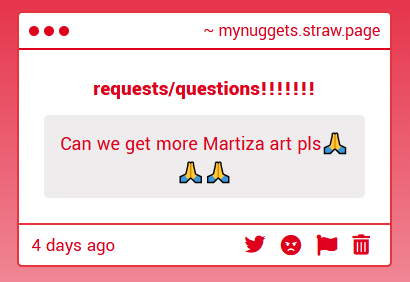 aaaooooaaaa's tweet photo. if i see one more request with martiza im EXECUTING  her on spot 
yeah i like her too but I'd prefer if there wasnt a request asking for art of her EVERY SINGLE WEEK
WHY DONT YOU SEND THAT MUCH REQUEST OF MY SON https://t.co/Oikih5A4Ng
