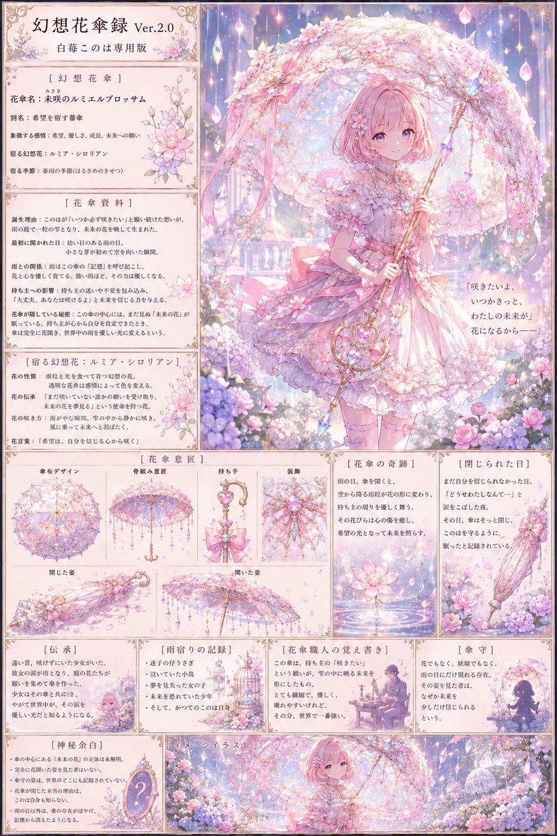 fio_mano's tweet photo. ChatGPTで遊ぼう 第4弾

🌸雨の日にだけ咲く花があるなら、

きっと願いを守る傘もあると思うのです☂️

あなたのうちの子だけの
『幻想花傘』を創る企画を作りました。

雨を防ぐためではなく、
願いを映すための花傘。

名前と画像以外の項目は任意ですので、
お気軽に遊んでください✨
プロンプトはリプに繋げます

#ふぃおぷろんぷと