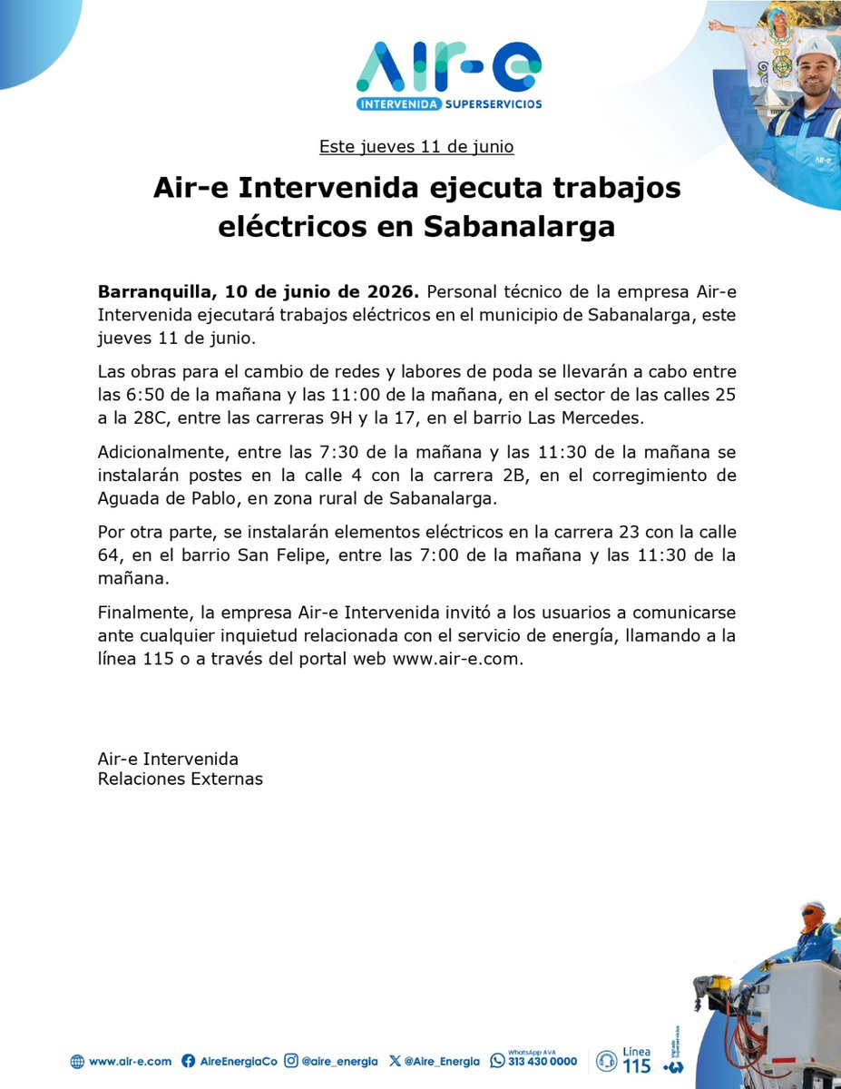 Aire_Energia's tweet photo. #MejorasProgramadas en #Atlántico 🌀
Este jueves 11 de junio realizaremos trabajos eléctricos en el barrio Las Mercedes, en #Sabanalarga. Asimismo, adelantaremos labores menores en un sector del barrio San Felipe, en #Barranquilla.
⚡ Trabajamos para ti. https://t.co/sGjHgCd7gc