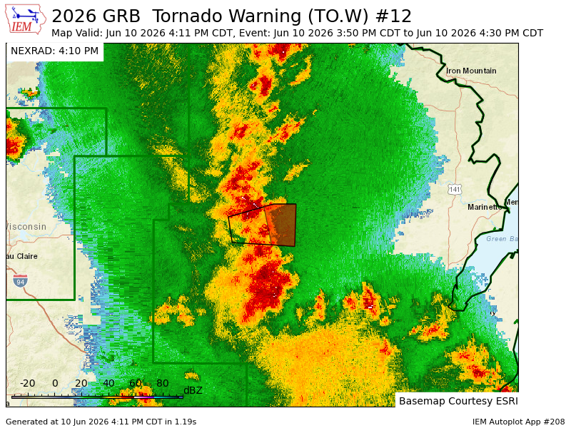 NEWIWeather's tweet photo. GRB continues Tornado Warning [tornado: RADAR INDICATED, hail: <.75 IN] for Marathon [WI] till 4:30 PM CDT https://t.co/G2owpbC3de https://t.co/UGO2IHFyxT