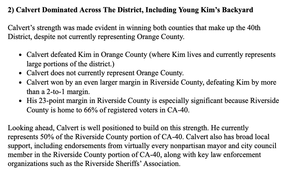 CalvinMoore_'s tweet photo. MEMO on key takeaways from the #CA40 primary:

Never has a candidate wasted as much money as @YoungKimCA and had so little to show for it.

Despite a multi-million dollar advantage:

❌Young Kim lost to @TeamCalvert in both counties (including her home base in Orange County)

❌Blew her entire cash advantage

❌Debased herself to the point that she's lost all credibility with voters.

Broke. Beaten. Discredited. Not a recipe for victory in November.