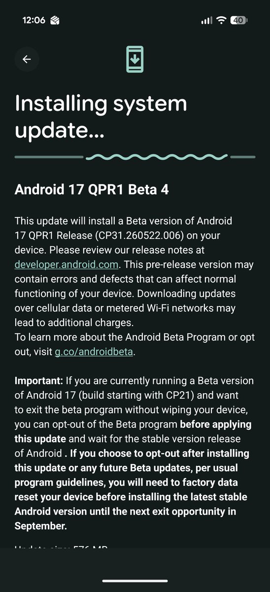 shoebji's tweet photo. Android 17 QPR1 Beta 4 OTA is rolling out for Pixel devices. https://t.co/7ikIgTEMzJ