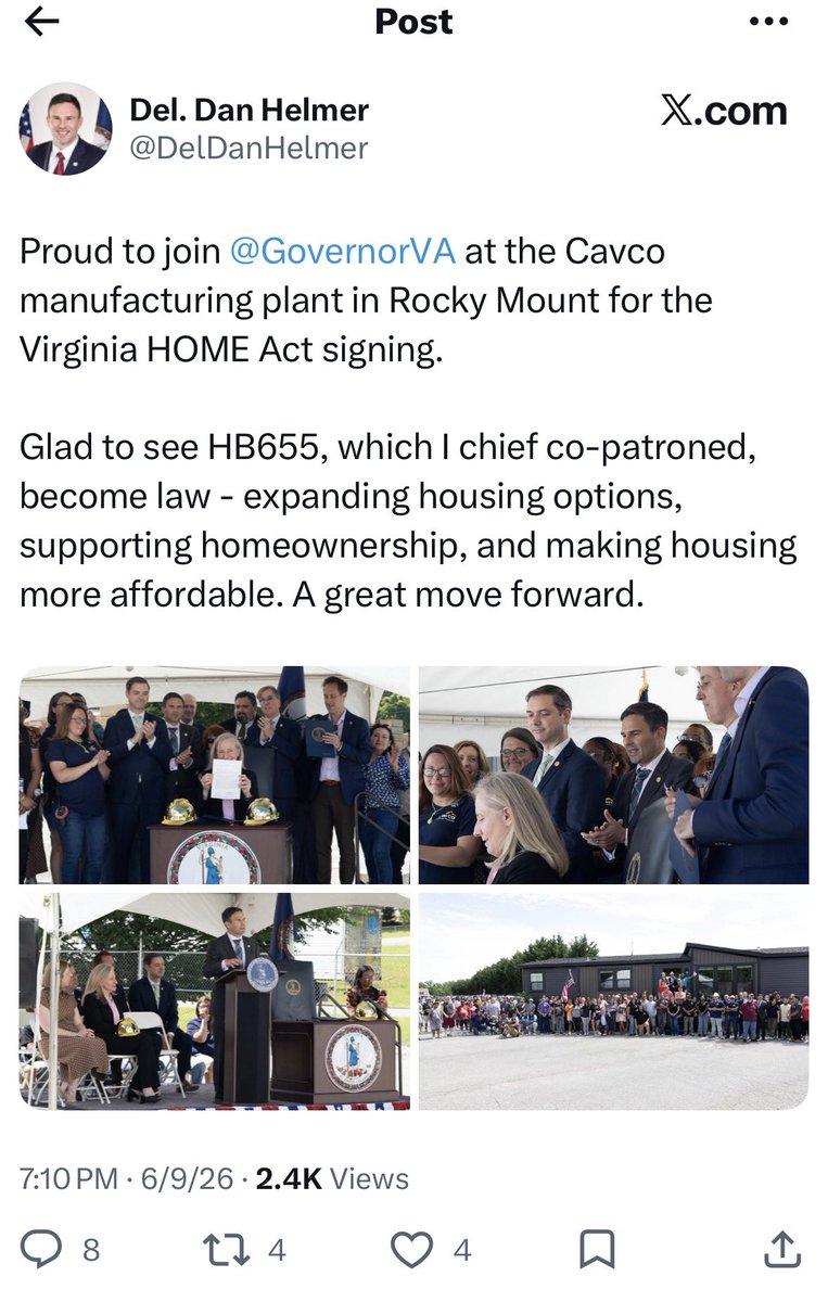 AssocAnderson's tweet photo. When Democrats promised affordable housing, what they meant was forcing localities to accept more manufactured housing through state mandates.

HB 655 limits the ability of local governments to treat manufactured homes differently from site-built homes in many zoning districts.

If your community wants to decide for itself what housing belongs in its neighborhoods, Richmond increasingly thinks it knows better.

When gun grabber Dan Helmer is proud of something - you should immediately expect to slightly vomit in your mouth by his “accomplishments.”