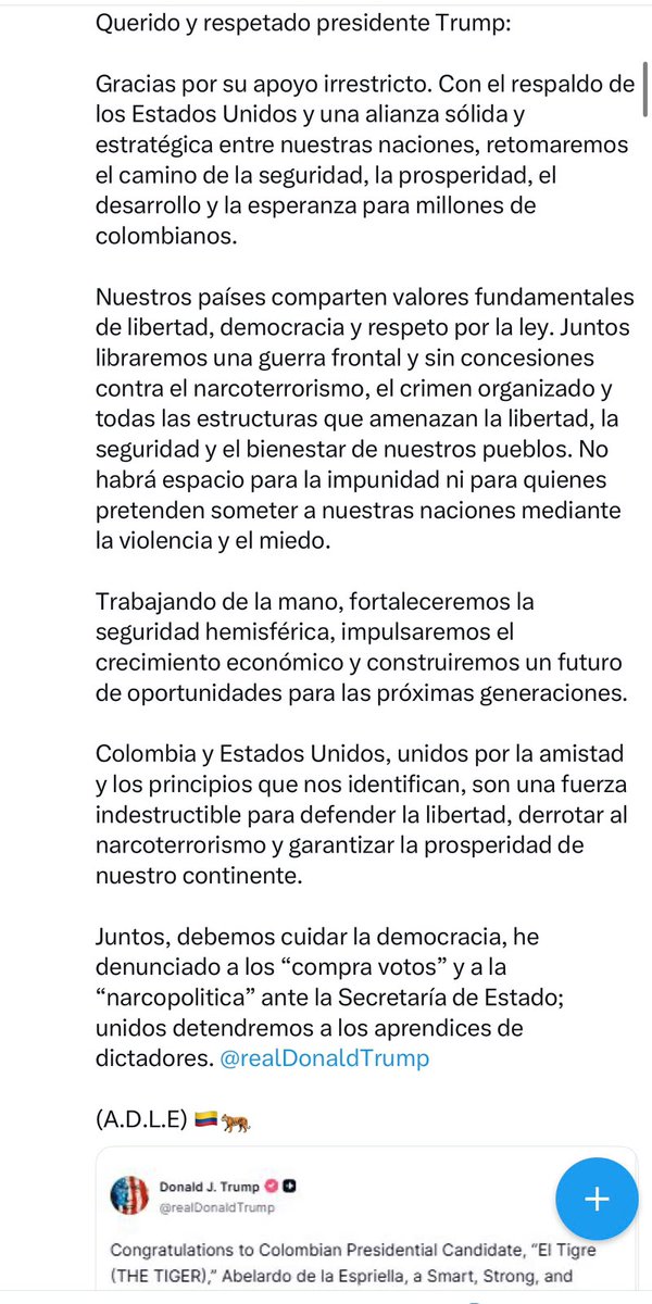 lafm's tweet photo. #Política | Abelardo de la Espriella agradece el nuevo apoyo brindado por el presidente Donald Trump y lo pone al tanto de las denuncias de compra de votos en Colombia para la segunda vuelta presidencial.

 “Juntos, debemos cuidar la democracia, he denunciado a los “compra votos” y a la “narcopolitica” ante la Secretaría de Estado; unidos detendremos a los aprendices de dictadores”, dijo.