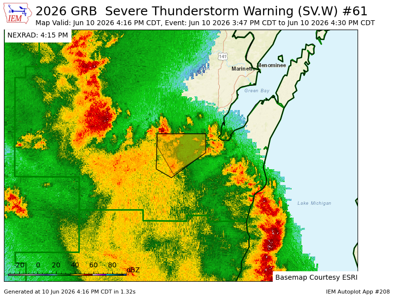NEWIWeather's tweet photo. GRB continues Severe Thunderstorm Warning [wind: 60 MPH (RADAR INDICATED), hail: <.75 IN (RADAR INDICATED)] for Outagamie [WI] till 4:30 PM CDT https://t.co/chBLZFm0K0 https://t.co/k3WrU5Iq1I