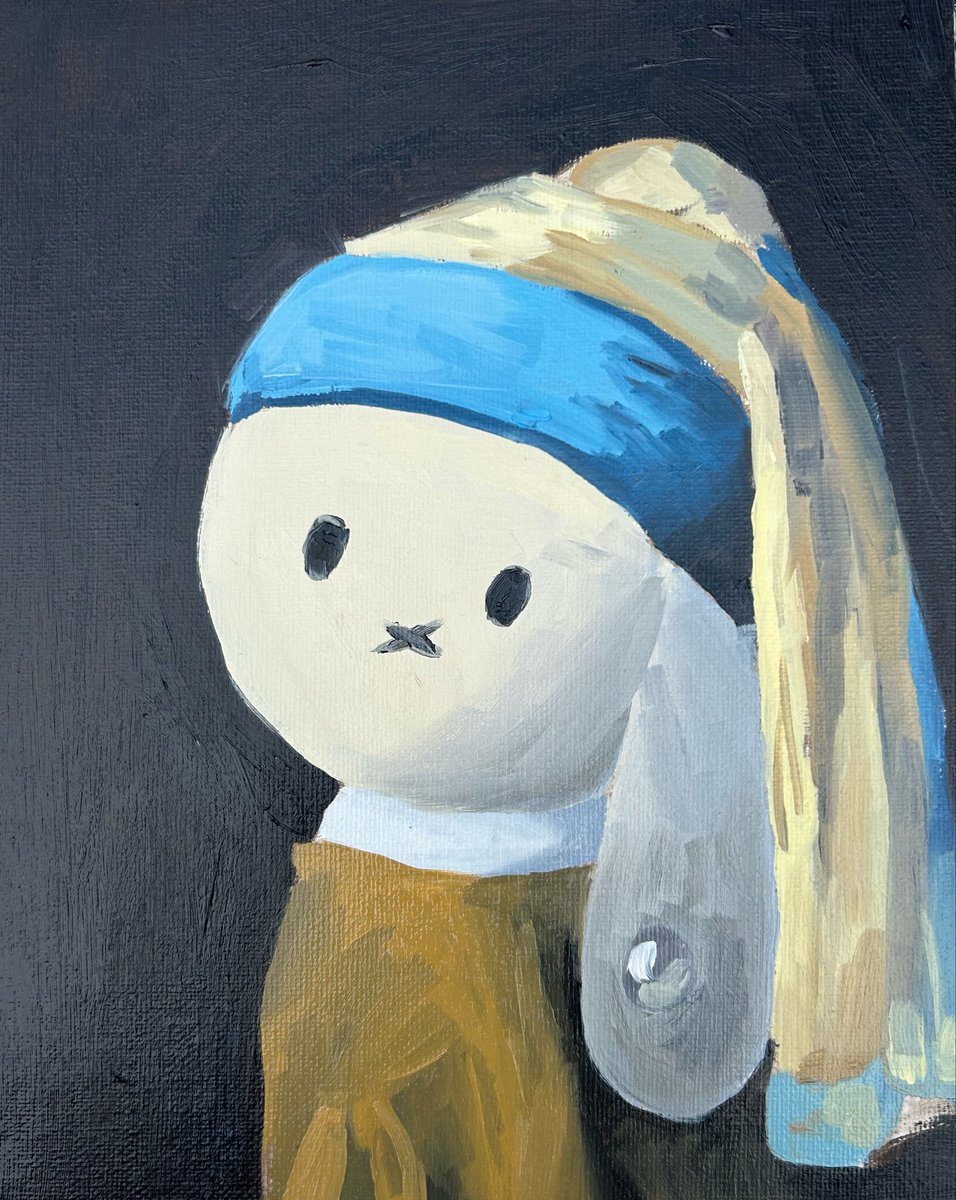 eigengarden's tweet photo. completed oil painting of miffy with a pearl earring. and miffy headphones that came in today https://t.co/4HthU7eCvy