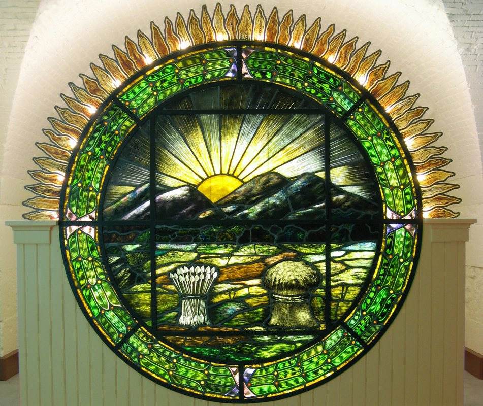 OhioStatehouse's tweet photo. Did you know?  The stained-glass seal in the Ohio Statehouse Museum was found crated in a restroom storage area during the 1990s restoration. It had previously hung in the Rotunda from the 1920s to 1965 when the leaking skylight was covered with a canvas seal.  #funfactfriday https://t.co/DJvjf4Qvxr