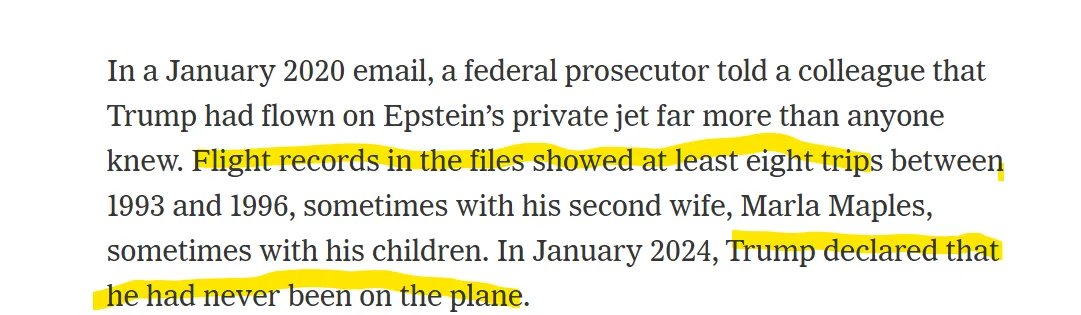 JohnBrynt's tweet photo. In a January 2020 email a federal prosecutor told a colleague that Trump had flown on Epstein’s private jet far more than anyone knew. Flight records in the files showed at least eight trips between 1993 and 1996. In January 2024 Trump declared that he had never been on the plane https://t.co/ZyBFy2vY4C
