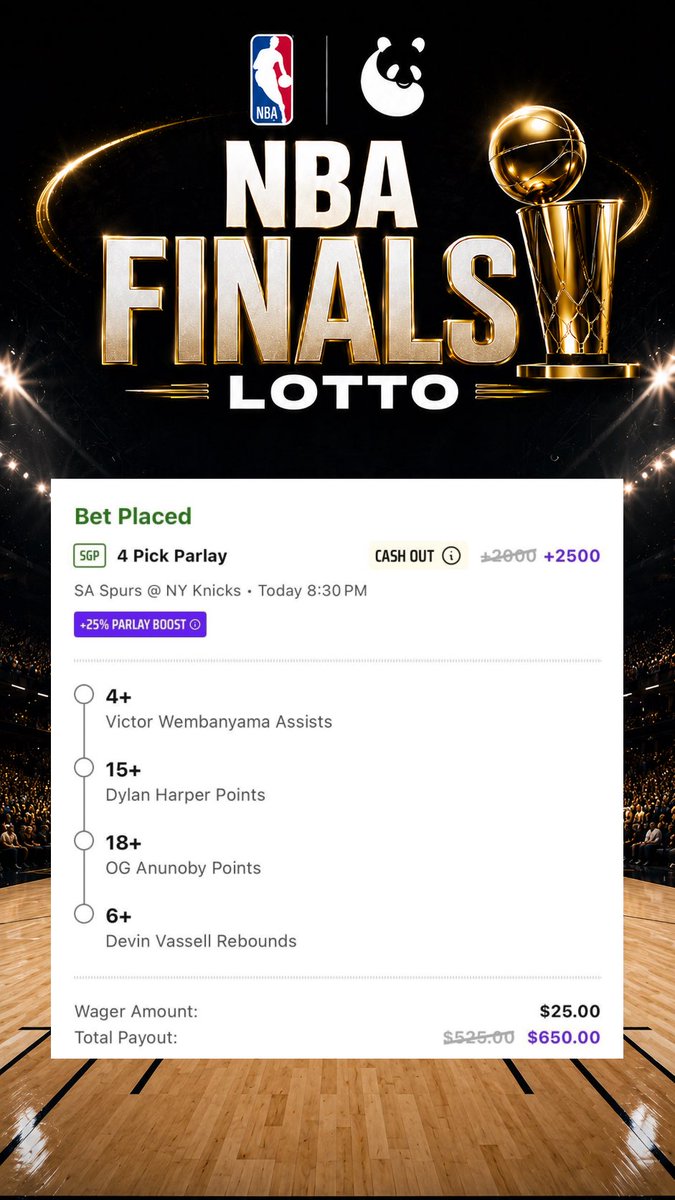 PandaaPicks's tweet photo. 🏀 #NBAFinals 6/10 LOTTO
📊 ODDS: +2500 #DraftKings 
💵 $25 ➡️ $650

🔥 Here’s a parlay of some of our favorite spots tonight!

💸$100 to someone who ❤️s and RTs this tweet if it hits! Lock it in!  (Must be following to win!) 

#NBAX   #NBAPARLAY  #SportsBetting https://t.co/aCqSxIHxeV