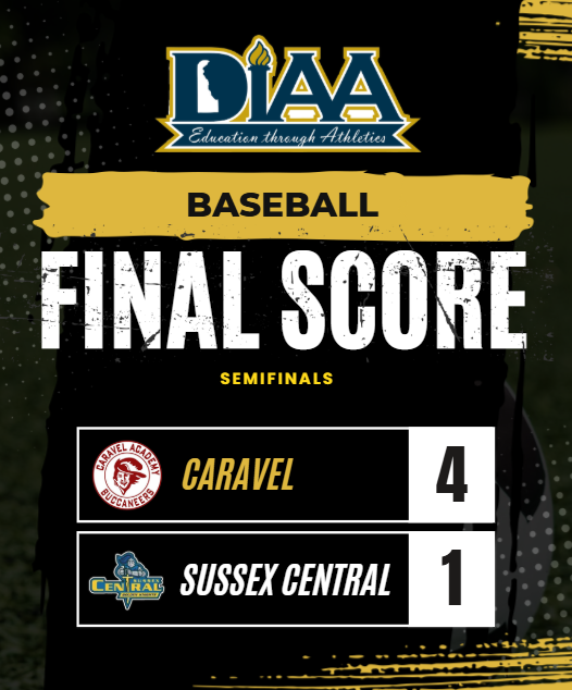 DIAA_Delaware's tweet photo. 2026 DIAA Baseball Semifinals

FINAL:
#5 Caravel def. #8 Sussex Central 4-1 to secure their spot in the state championship.

Caravel will face the winner of #3 Caesar Rodney vs #7 Salesianum. https://t.co/XoDb0LniXj