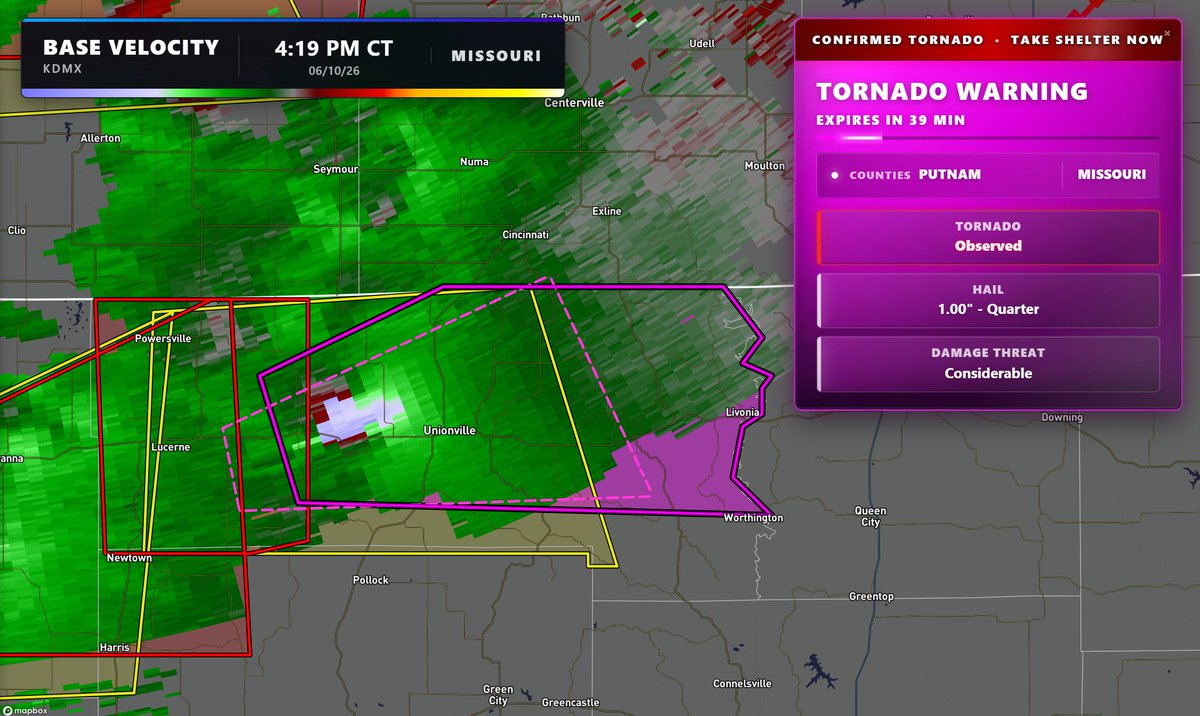 MaxVelocityWX's tweet photo. PDS TORNADO WARNING for Unionville, Missouri!

Seek shelter IMMEDIATELY if you are in this warning! We are LIVE: https://t.co/tBY0h7YjwZ https://t.co/usUpxLz7A8