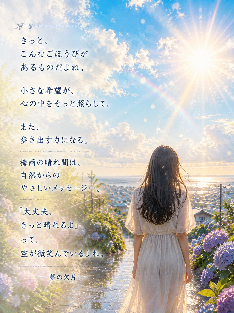 MoonFragmentand's tweet photo. 雨がやんで…、
空が深く息をすると、

雲のすき間から 光がこぼれて、 
もう一度 輝きはじめる。
濡れた葉っぱが、 きらきらと笑っている…。
#夢の欠片　#梅雨の晴れ間　#アファメーション https://t.co/m9WHKj3Xgv