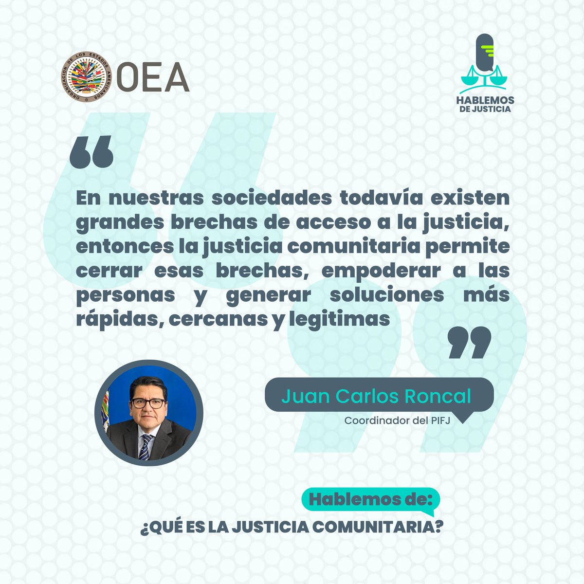 PIFJOEA's tweet photo. 🎙️ En el primer episodio de Hablemos de Justicia, conversamos con Juan Carlos Roncal sobre qué es la justicia comunitaria y por qué es fundamental para fortalecer el acceso a la justicia y la convivencia pacífica.
🎧 Capítulo completo: https://t.co/5RbTULstyr
#PIFJ #OEA https://t.co/T59l6bbHZ4