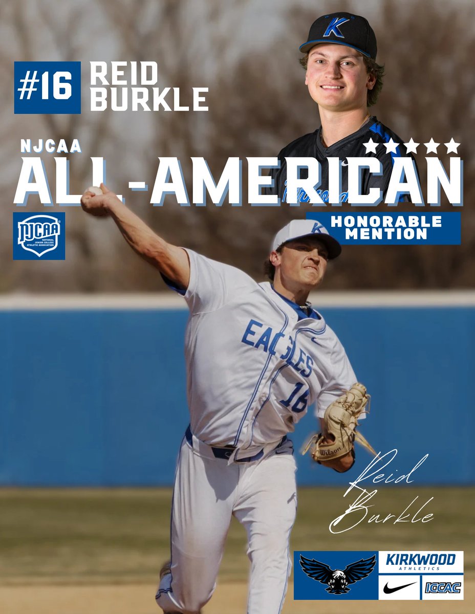KirkwoodEagles's tweet photo. ＡＬＬ－ＡＭＥＲＩＣＡＮ 

Congrats to Kirkwood Baseball sophomore, 𝗥𝗲𝗶𝗱 𝗕𝘂𝗿𝗸𝗹𝗲, on earning @NJCAA Honorable Mention All-American honors! Way to go, Reid! We are so proud of you! 

#GoEagles🦅 l 
@KCC_BSB https://t.co/MbDiDPIVKA