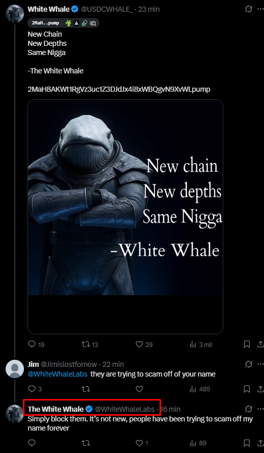 TuskyTXD's tweet photo. @USDCWHALE_ Guys idk if this is a joke by whitewhale, but while doing some research I found a likely owner of the wallet that deployed the token (@AddictLink273)  and tweets from Whitewhale himself saying that people are impersonating him...
proof below if you want to check urself 
dyor https://t.co/5deGiCgcFl