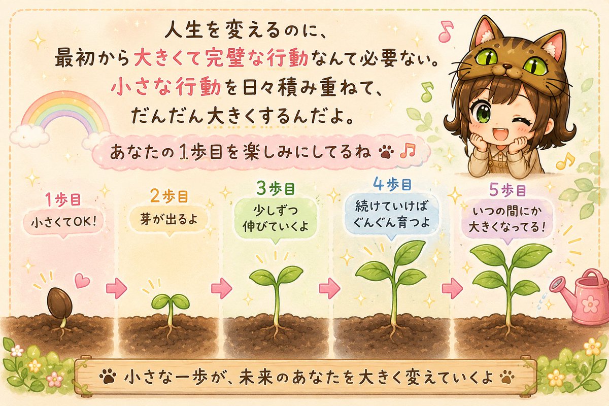 rurumama1172276's tweet photo. 人生を変えるのに、最初から大きくて完璧な行動なんて必要ない。小さな行動を日々積み重ねて、だんだん大きくするんだよ。きょう1歩、あしたも1歩、そのうちいつかは花が咲く🌸 https://t.co/hYF6p8PozM