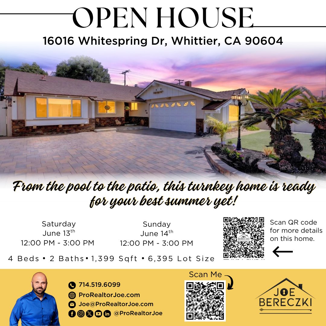 ProRealtorJoe's tweet photo. 🏡 Stop by to see this beautiful home in person!

🚩 Open House Details 🚩
📍 16016 Whitespring Drive, Whittier, CA 90604

📅 Saturday, June 14th &amp; Sunday, June 15th
⏰ 12:00 – 3:00 PM

👉 Feel free to share this listing with anyone you think might be interested in the home. https://t.co/z7DcP9KP6Z