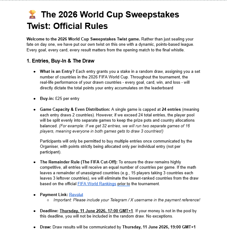 supervaluebros's tweet photo. Our 2026 #WorldCup Sweepstakes is officially LIVE 🏆

💰 £25 per entry. 
👨‍🏫 All-new point-scoring system. 

Every single goal, card, and keeper save swings the leader board with pots rising to £600 per game 🤑

Reply or DM to get the payment link and secure your spot!

Rules 👇 https://t.co/ABLHj5HKAy