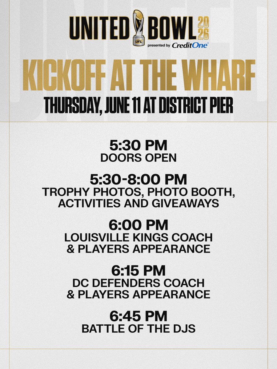Schedule for the United Bowl 2026 Kickoff at the Wharf, featuring team appearances and activities. Includes times for Louisville Kings and DC Defenders appearances, giveaways, and a DJ battle.