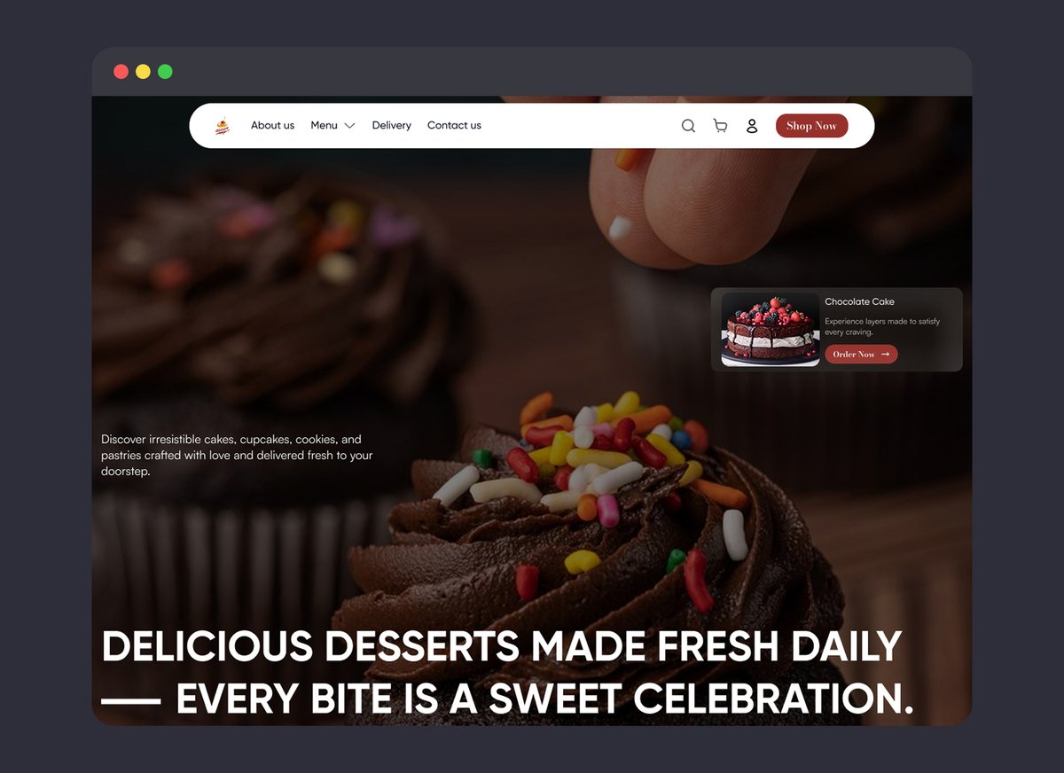 _meenaah's tweet photo. 🍫 Designing a landing page isn't just about making it look beautiful, it's about creating an experience that makes users take action.
I designed a landing page concept for a Dessert brand
#design #ui #designcommunity #dessert #cakeablemable #cake #cupcake #burger #theplace https://t.co/4owBFnBIE9