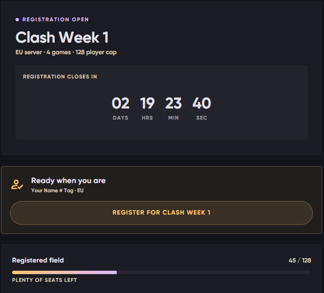 TFTClash's tweet photo. The season is ready for you! 45 sign-ups so far! Don't miss your spot and get to signing. The prizes are yours to conquer. https://t.co/PjUHOClv0v