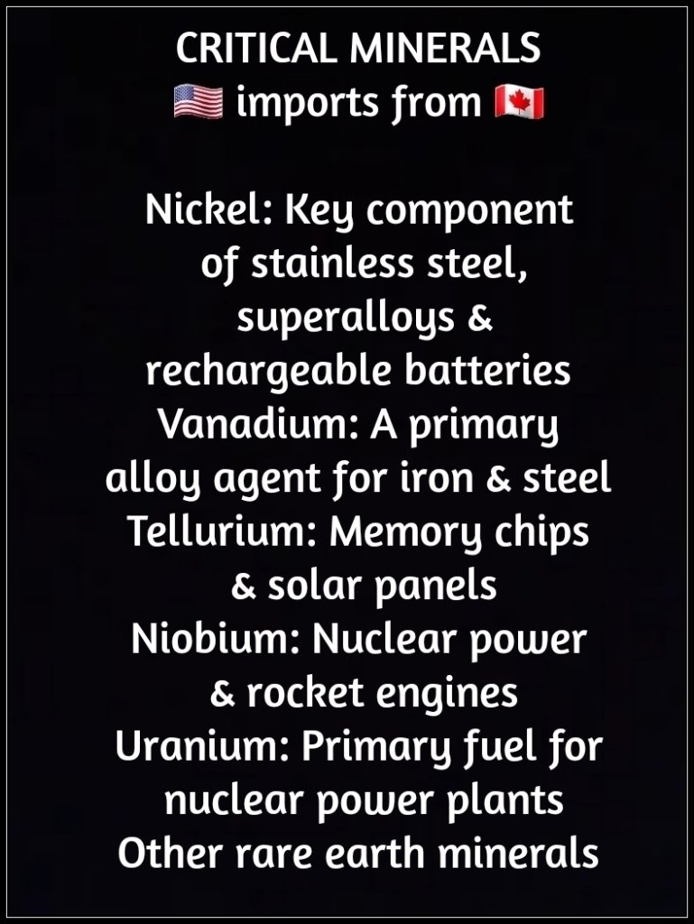 hey_ray42's tweet photo. @AntiTrumpCanada @lorissimo Trump spews it; maga swallows it.
Aside from crude, LNG, electricity, potash, lumber, copper, and aluminum, the USA needs our military grade minerals for planes, weaponry, and munitions. Apparently, the U.S. can find new suppliers and develop new supply chains overnight. https://t.co/nURxjxFJUo