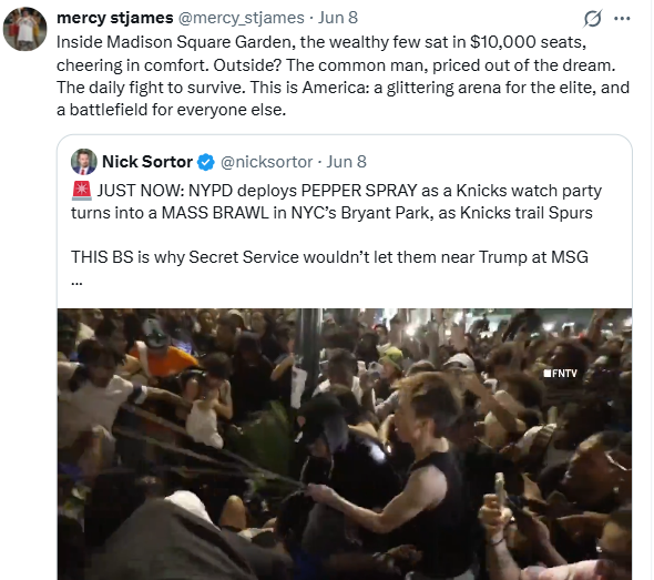 InvictusTruth's tweet photo. @mercy_stjames Ok. Now you're either being obtuse or using semantics. You use Murica in place of Manhattan and the term common man. I don't deny the truth of your words; I do wonder, however, when you gaslight the people on those streets for their anger at the league for extending the series. https://t.co/RX04zV0pbR