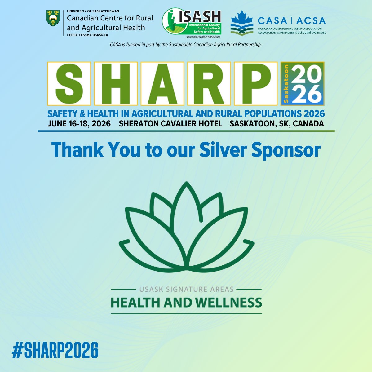 USaskCCRAH's tweet photo. Thank you to the @usask Health &amp; Wellness Signature Area for sponsoring SHARP 2026. Your partnership and support help make #SHARP2026 possible!

Visit our website! https://t.co/SLGIQ2HcWc
Register for SHARP 2026: https://t.co/cKe3C5de4e
#SHARP2026 @real_isash @planfarmsafety https://t.co/jbQLj3FEO2