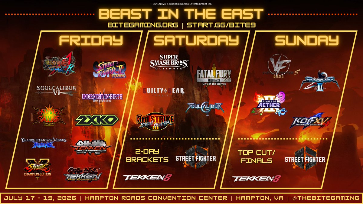 TheBitEGaming's tweet photo. Here's our #BITE9 tournament schedule!

Friday will feature 2XKO &amp; GBVSR as main stage headliners, followed by Special Events

Saturday will have the SC2 &amp; 3S Retro Spotlight then GGST &amp; COTW main stage headliners

Sunday we wrap up side games, plus main stage SF6 &amp; T8 finals! https://t.co/3LtSQgGADi