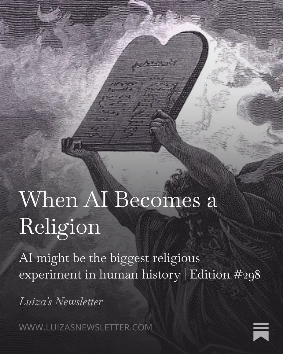 LuizaJarovsky's tweet photo. AI is implicitly presented as a powerful, omnipresent, omniscient, intangible, nameless, mysterious savior that will free humanity from its deepest challenges and bring abundance.

It might be the biggest religious experiment in human history.

My full article: https://t.co/nfqYdtwabO
