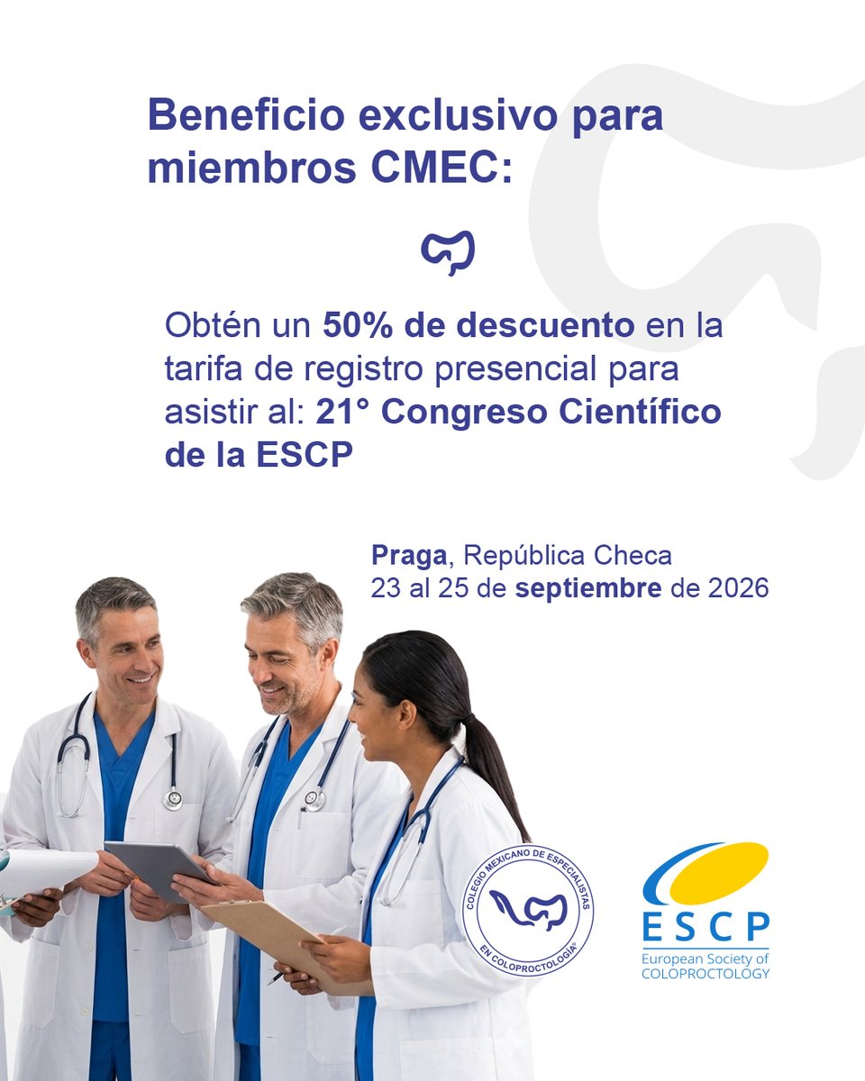 SoyColoproctoMX's tweet photo. Anunciamos nuestra alianza con la Sociedad Europea de Coloproctología (ESCP)
Los colegiados CMEC podrán acceder a beneficios exclusivos, incluido 50% de descuento en el registro presencial del Congreso ESCP 2026 en Praga🫱🏻🫲🏼
📩 Informes: info@cmec.com.mx
#CMEC #Coloproctología https://t.co/Krnu5J8pXp