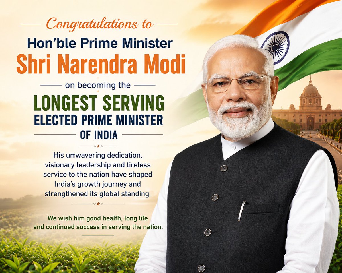 Indiantea1881's tweet photo. Indian Tea Association congratulates Hon'ble Prime Minister Shri Narendra Modi on becoming the longest-serving elected Prime Minister in India's history.

His unwavering dedication, visionary leadership and tireless service to the nation have shaped India's growth journey and strengthened its global standing.

Wish him good health, long life and continued success in serving the nation.

#NarendraModi #PrimeMinister
#12yearsofseva  #IndiaRising #ViksitBharat #Leadership #NewIndia #IndianTeaAssociation