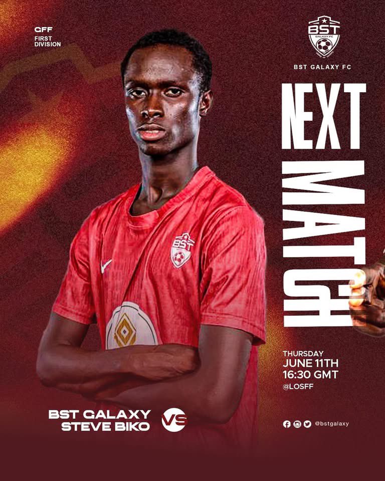 bstgalaxyfc's tweet photo. 🔥 Fixture Alert! 🔥

We proudly welcome Steve Biko FC to the FIFA Goal Project.

⚽ BST 🆚 Steve Biko FC
📅 Thursday, 11 June 2026
🏆 GFF Division One League
🏟️ FIFA Goal Project
⏰ Kick-off: 16:30

Come and support the team as we battle for crucial league points. https://t.co/BjaUaV8QeD