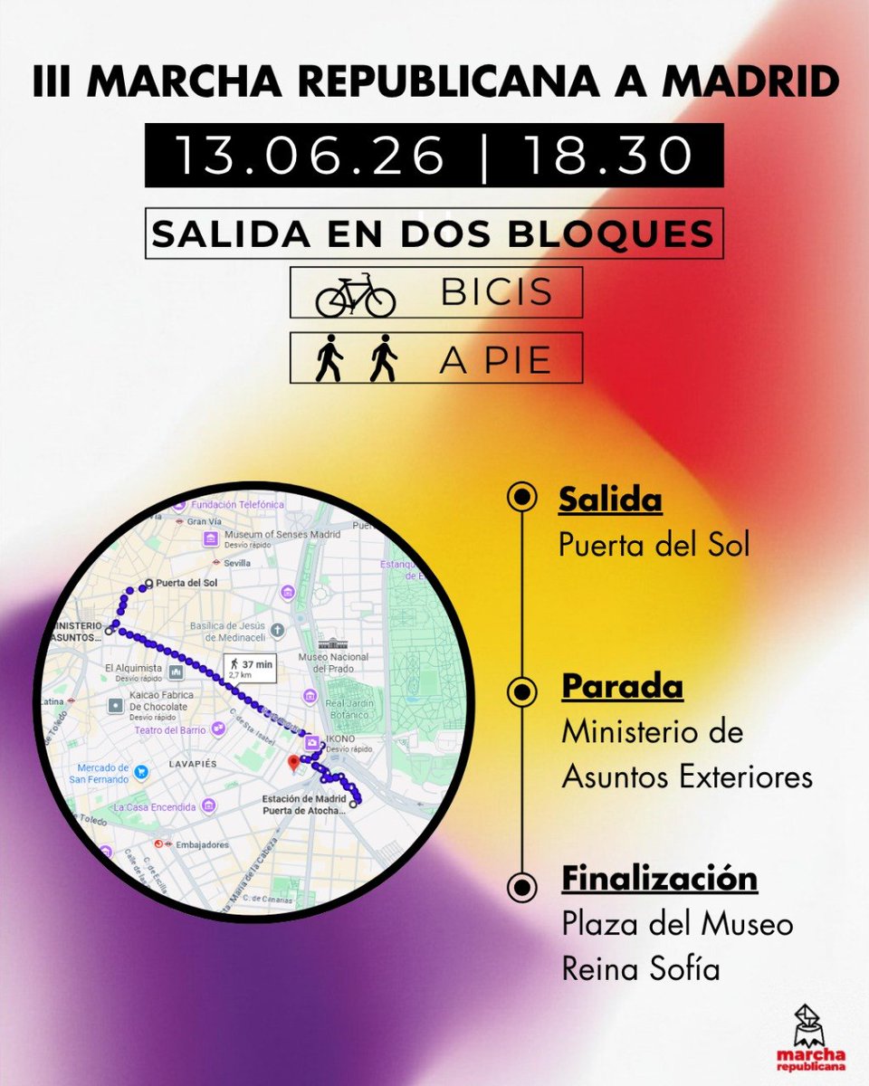 MiercolesRepu15's tweet photo. Recorrido de la lll Marcha Republicana de Madrid
13.06.26.      18.30 h.

#HayQueEcharAlBorbón
#republicaparalapaz13j https://t.co/O1Uq7r9onQ