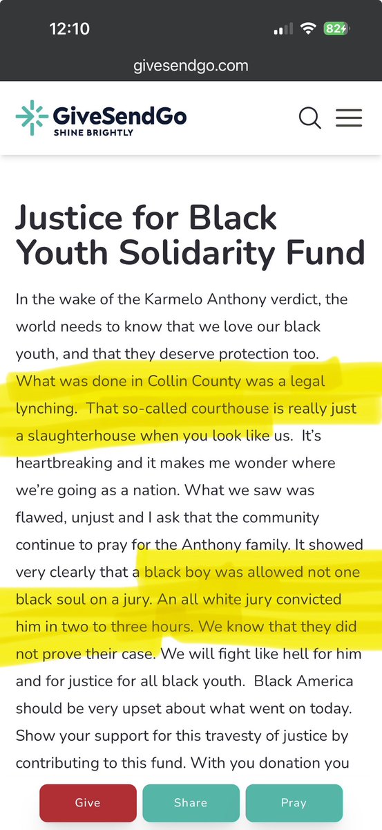 Libertys_Belle's tweet photo. Who is Eric Cleveland and why is he trying to raise $600,000 “in solidarity” for Karmelo …and kids like him. 

He states:
“What was done in Collin County was a legal lynching.  That so-called courthouse is really just a slaughterhouse when you look like us.……… a black boy was allowed not one black soul on a jury. An all white jury convicted him in two to three hours. We know that they did not prove their case.”

How many more people will try and profit from his crime? And since GiveSendGo has now removed The original Karmelo Anthony fundraiser why are they allowing others to start new ones?  

It is blatantly obvious people are purposefully stirring up racial tension, rage, and sympathy in order to PROFIT not because they actually care or even believe what they’re saying. 

It’s a bad look @GiveSendGo