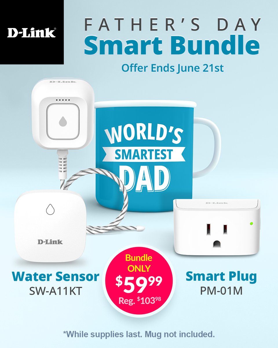 Dlink's tweet photo. Your Smart Dad deserves a smarter home.  Our Father’s Day Smart Bundle includes our WiFi Water Sensor Kit + WiFi Smart Plug. Get significant savings now thru Father’s Day.  Don’t Delay Shop Today! https://t.co/xMJHlaig6E #fathersday #fathersdaygift #watersensor #smartplug https://t.co/aj9RN40UJh