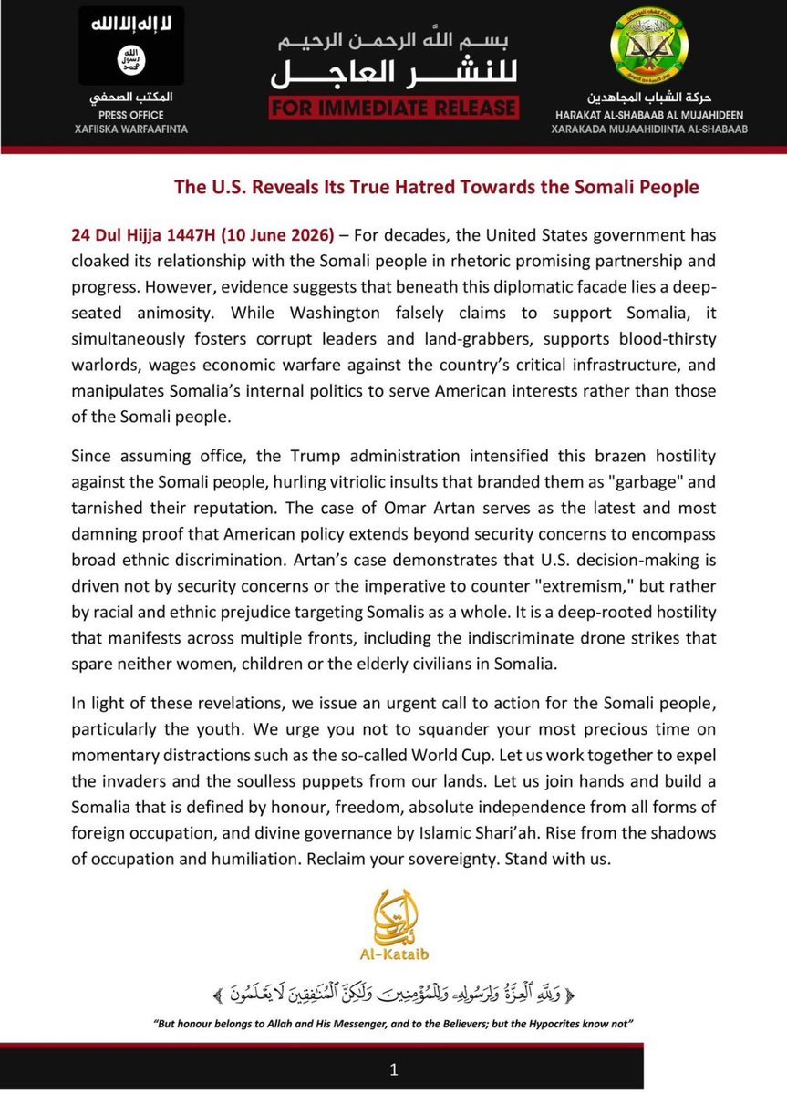 AliMawlid36825's tweet photo. Breaking Al-Shabaab terrorist #condemned the US and announced a boycott of the World Cup. But here is the wild part: less than 10 minutes separated the statement released by Al-Shabaab and the official statement from Somalia’s Ministry of Foreign Affairs https://t.co/mcBrov23Ng