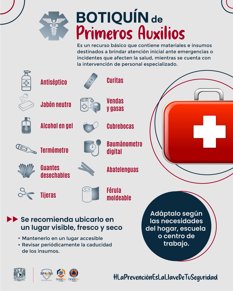 PCUNAM's tweet photo. Ten listo tu botiquín de #PrimerosAuxilios, adáptalo según las necesidades del hogar, escuela o centro de trabajo.  

#LaPrevenciónEsLaLlaveDeTuSeguridad https://t.co/RMncR8u0yN