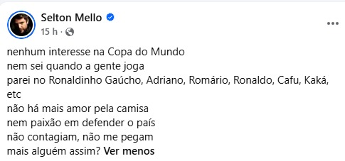 gustones's tweet photo. Copie e cole:

"Nenhum interesse na Copa do Mundo. Nem sei quando a gente joga. Parei no (NOMES DE CRAQUES DO PASSADO), etc. Não há mais amor pela camisa, nem paixão em defender o país. Não contagiam, não me pegam. Mais alguém assim?"

Tweet postado de 1994 a 2026 https://t.co/Ra566ZyOBX