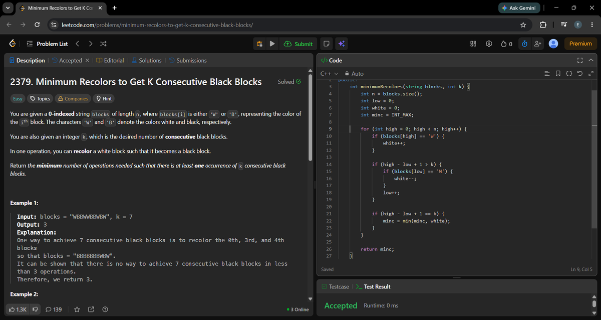 _a_m_i_t_1's tweet photo. Day 708 of #800DaysOfCode
Leetcode 2379 -> Minimum Recolors to Get K Consecutive Blocks. Solved using sliding window.
#LeetCode #slidingwindow https://t.co/qe2itZKdk0
