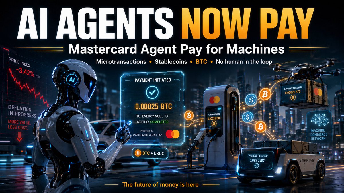 delarenaeducate's tweet photo. Mastercard’s Agent Pay for Machines je ovdje. $AI agenti sad autonomno plaćaju – mikrotransakcije, $BTC, stablecoini, bez čovjeka u petlji. Jeff Both upozoravao: deflacija je neizbježna kad strojevi preuzmu. Sad vidimo kako izgleda u praksi. 🤖💳
#PriceOfTomorrow #FutureOfMoney https://t.co/w12UMMBJIc