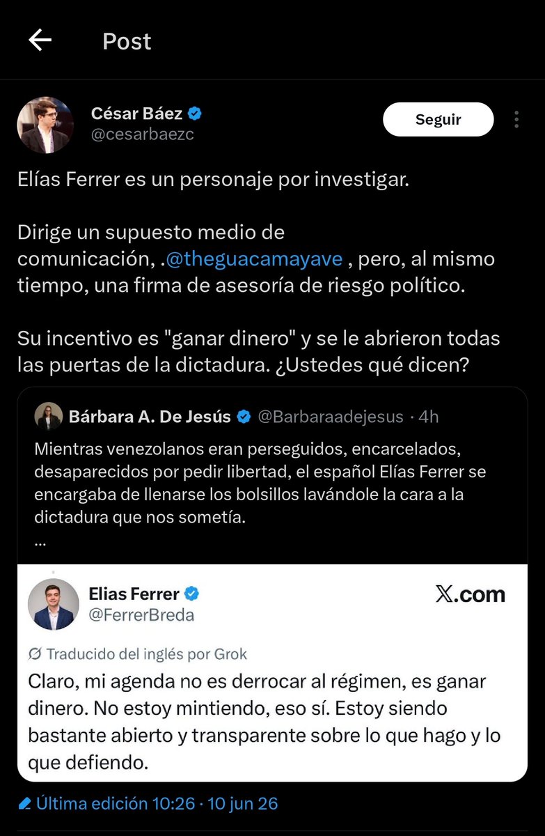 ipoolgian's tweet photo. La guerilla comunicacional de María Corina sigue atacando a Elias Ferrer porque él tuvo la honestidad de decir algo que ellos no soportan

Elias Ferrer es analista y asesor político y ser claro en que su negocio es hacer dinero (lobby, consultoría, análisis) no es un delito. 

Es lo que hacen la mayoría de los analistas políticos del mundo. Lo grave no es que quiera ganar dinero; lo grave es que lo admita abiertamente. Eso es lo que más les molesta a los fanáticos, que alguien no finja ser un “héroe desinteresado” como ellos.

La acusación de “lavar crímenes del régimen narcoterrorista” es calumnia pura

Elias Ferrer ha sido crítico del chavismo y ha dicho explícitamente que no se ha beneficiado del régimen.

Esto es una hipocresía total de la maquinaria mediática de María Corina

Estos mismos que ahora gritan “¡solo le interesa el dinero!” han defendido durante años a dirigentes opositores que sí se enriquecieron con la ayuda humanitaria de Cúcuta (hoteles, comida que se pudrió o desapareció), fondos de la Plataforma Unitaria, fondos descongelados de EEUU para la Asamblea Nacional 2015, contratos y consultorías en el exilio y facturar en redes sociales con la crisis de Venezuela y la esperanza de los venezolanos

Elias Ferrer no forma parte del culto, no repite el mantra “MCM conduce el proceso”, “todo calculado”, “Panamá fue un triunfo”, por eso lo convierten en enemigo

Que Elias Ferrer admita que su negocio es hacer dinero es más decente que fingir patriotismo mientras se reparten cargos y contratos en el exilio.