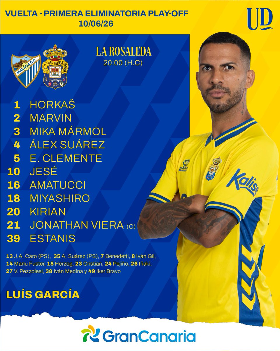UDLP_Oficial's tweet photo. ¡Nuestros XI guerreros para el partido en La Rosaleda, #VamosUD! ⚔️

#PlayOff | #MálagaLasPalmas 
#TodaUnaIsla #LaUniónHaceLasPalmas #SeremosMásUnión https://t.co/hzGuYg1blN